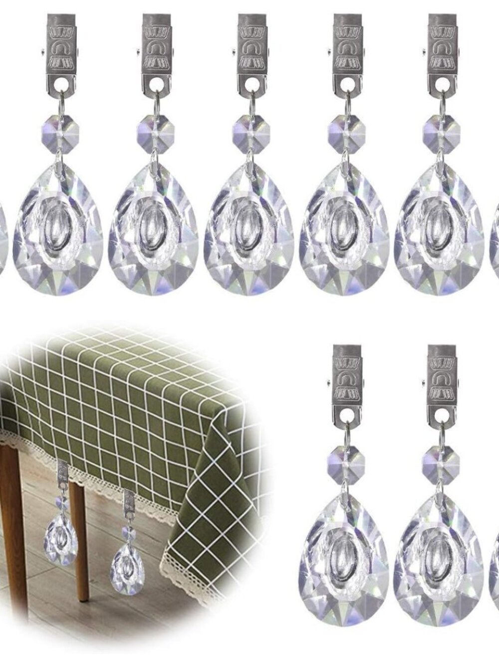 Tablecloth Weights Set, 10Pcs Metal Clip AB Crystal Glass Teardrop Prisms Pendan